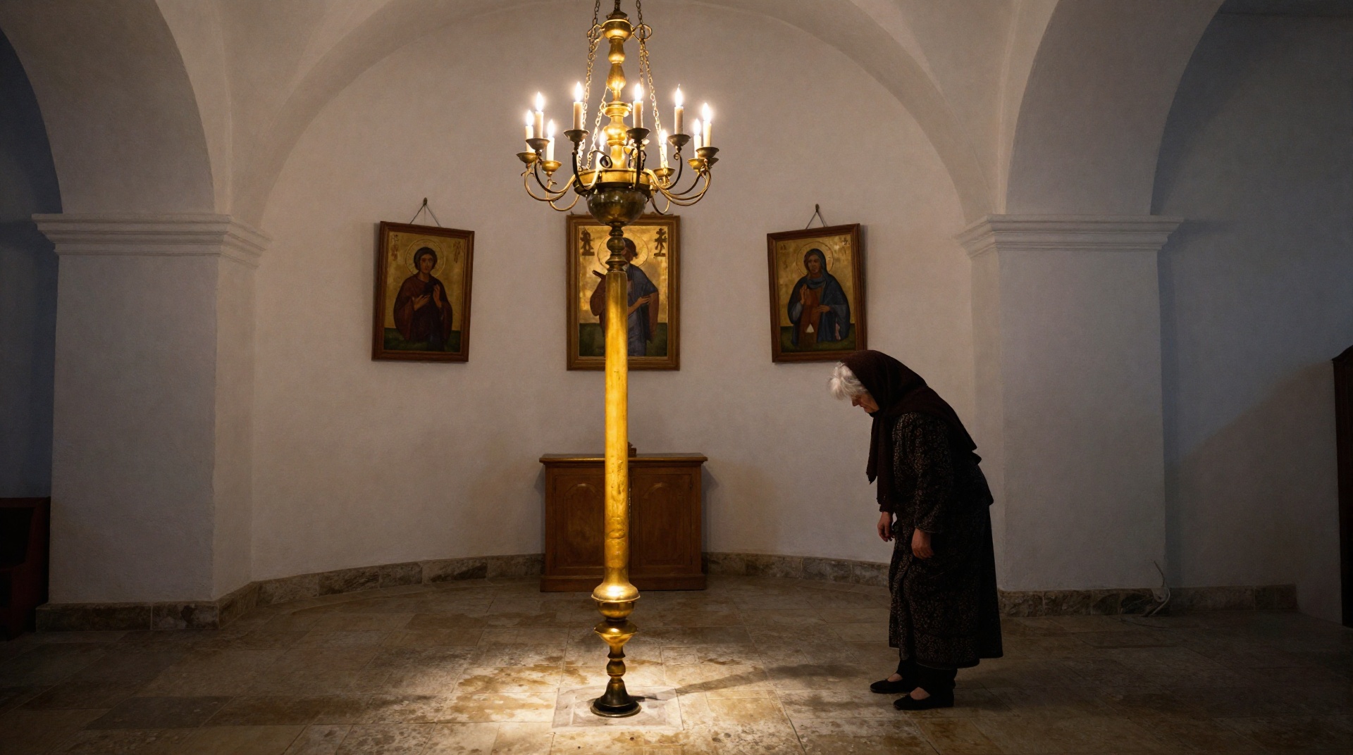 Центральное паникадило освещает середину храма, а боковые иконы остаются в тени — прихожанке приходится вглядываться